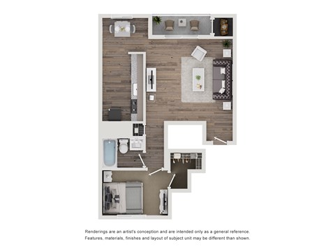 Floor plan for 1 bed, 1 bath, 834 sqft